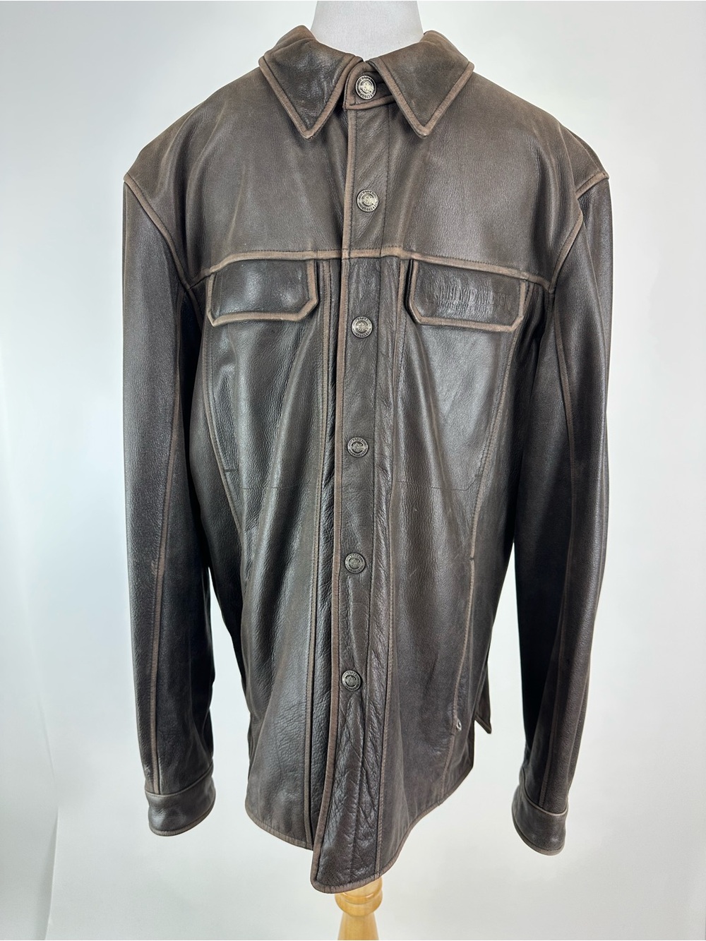 Harley Davidson Brown Rugged Leather Jacket Snap Front Size XL